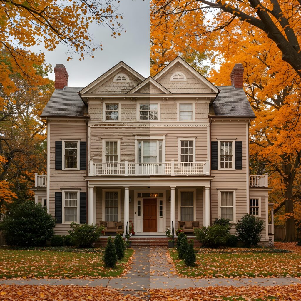 Before-and-after comparison of a professionally painted home in New Haven, CT.