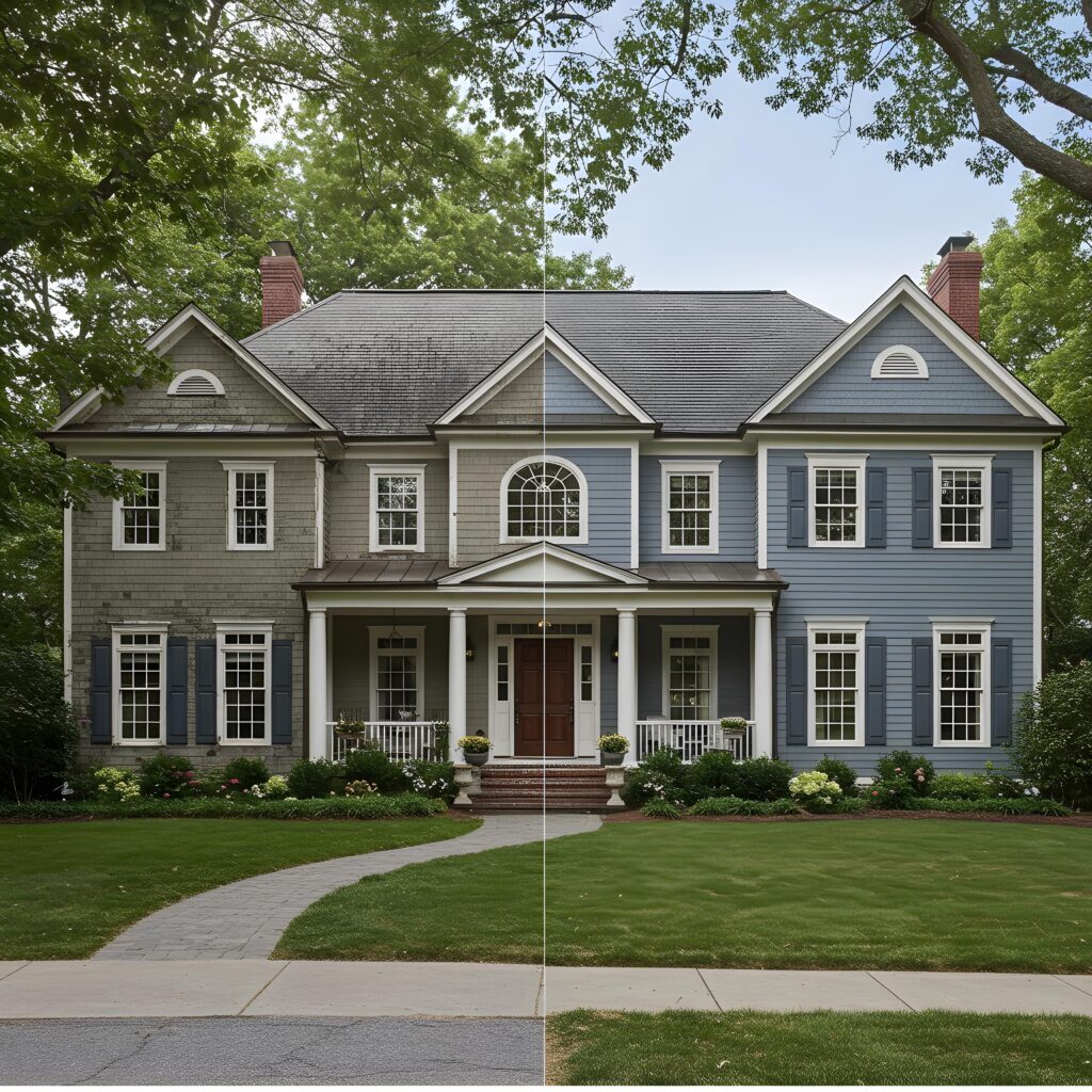 Before-and-after transformation of a Westport, CT home painted in slate gray.