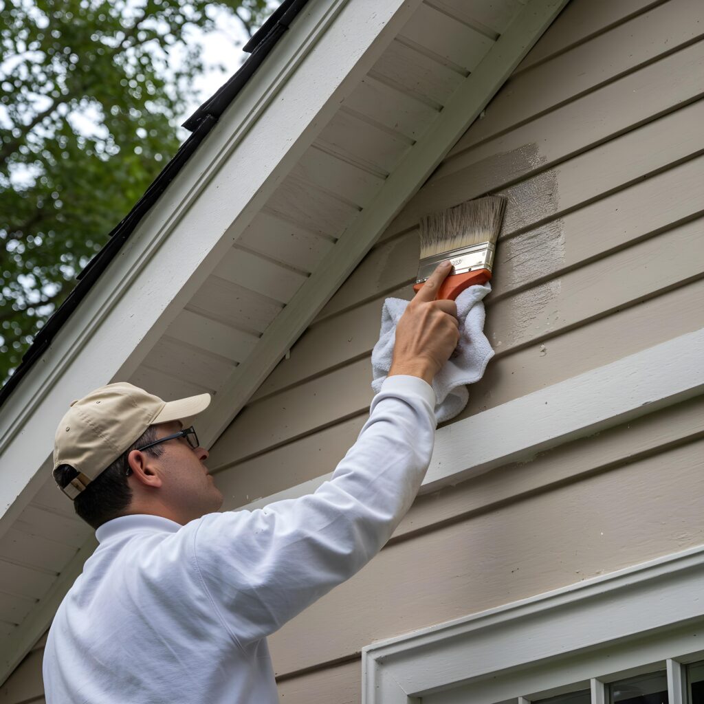 A skilled painter applying weather-resistant exterior paint to a Connecticut home.